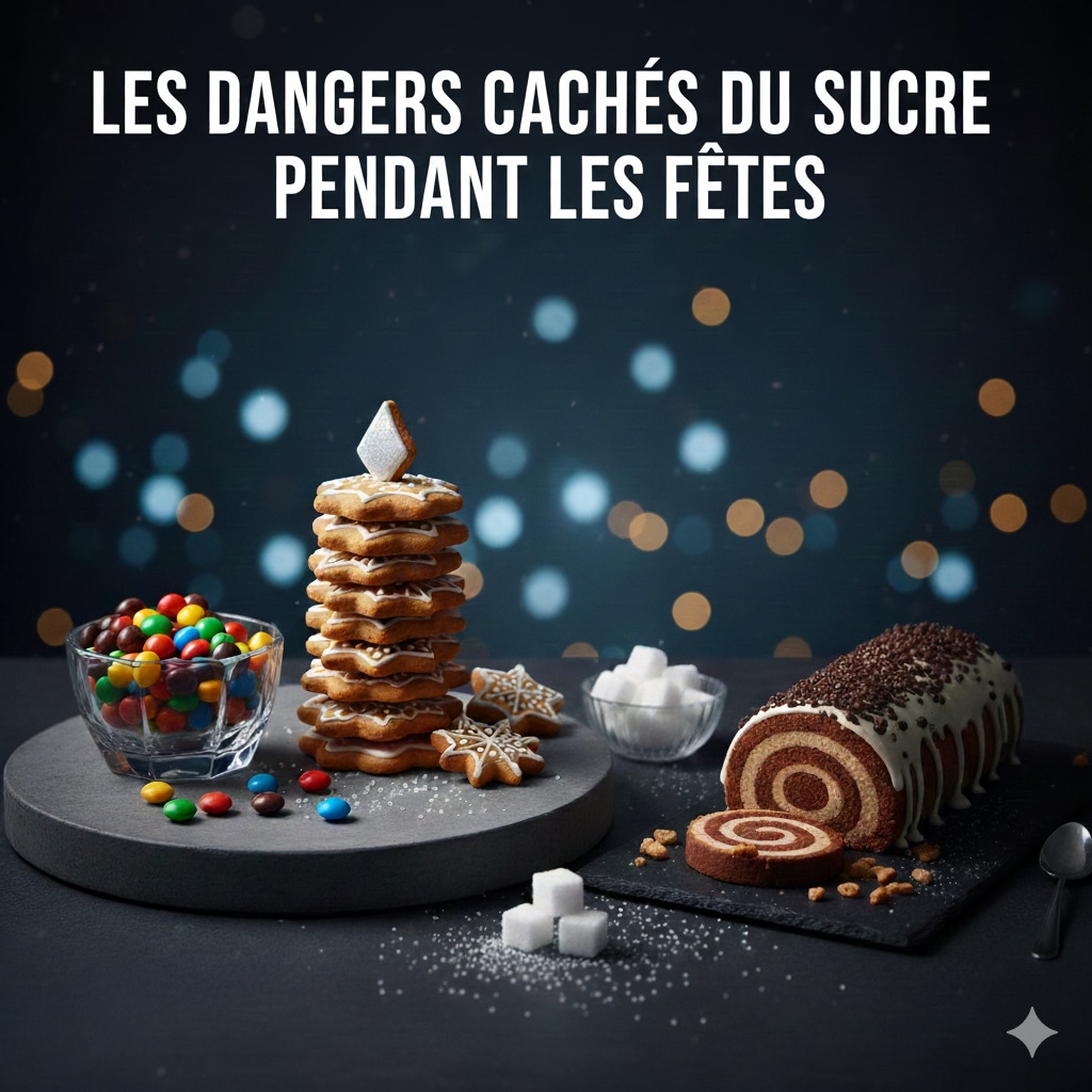 Assortiment de desserts sucrés sur une table : biscuits empilés en forme de sapin, bûche roulée au chocolat, bol de bonbons colorés et morceaux de sucre, avec un fond sombre décoré de lumières floues. Le texte indique : “Les dangers cachés du sucre pendant les fêtes