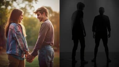 Deux scènes contrastées illustrant des relations adolescentes : à gauche, deux personnes se tiennent par les mains dans un parc ensoleillé ; à droite, deux silhouettes se font face dans une ambiance sombre et tendue.