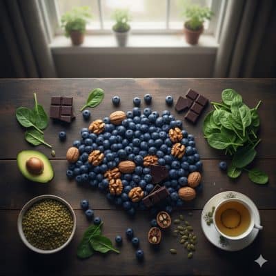 Assortiment d’aliments neuroprotecteurs sur une table en bois : myrtilles, noix, chocolat noir, épinards, avocat, graines et une tasse de thé.