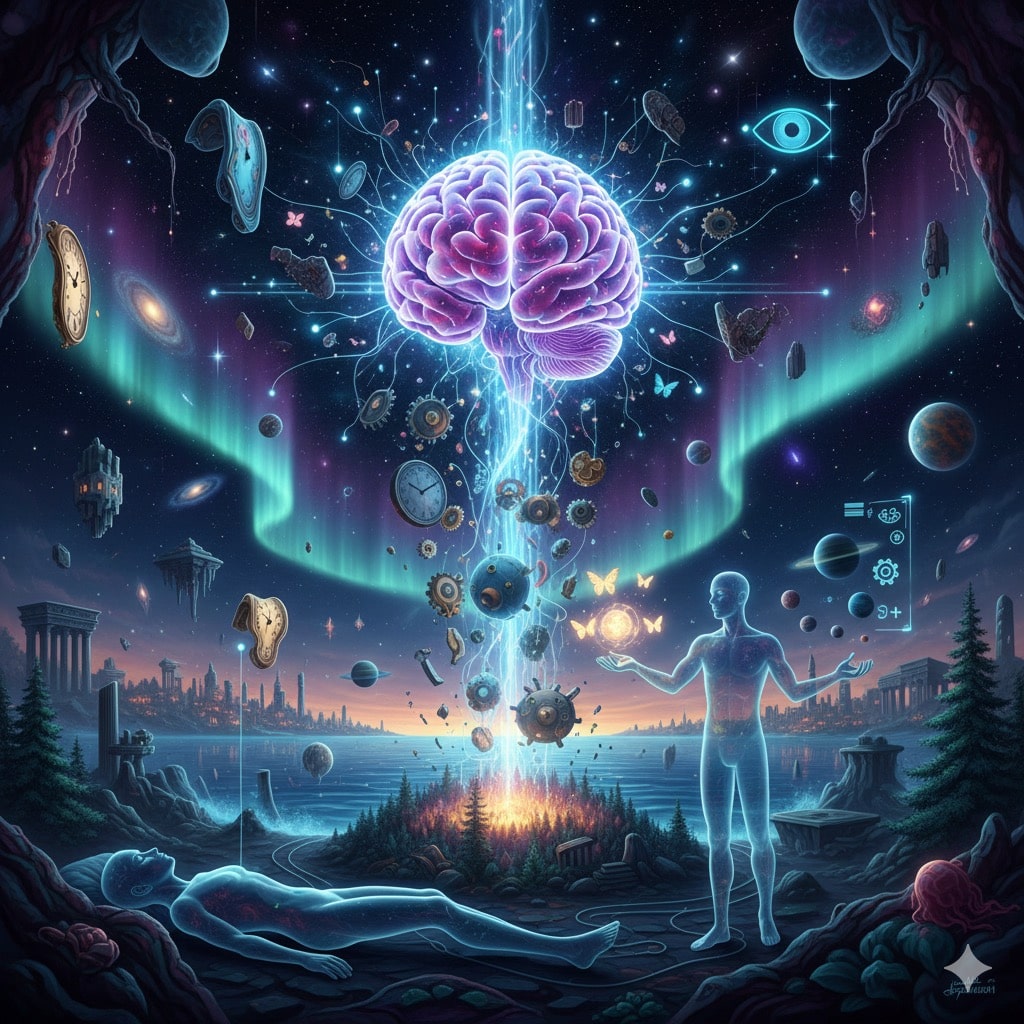 Illustration conceptuelle du rêve lucide : cerveau lumineux connecté à des symboles oniriques, figures humaines et paysages fantastiques