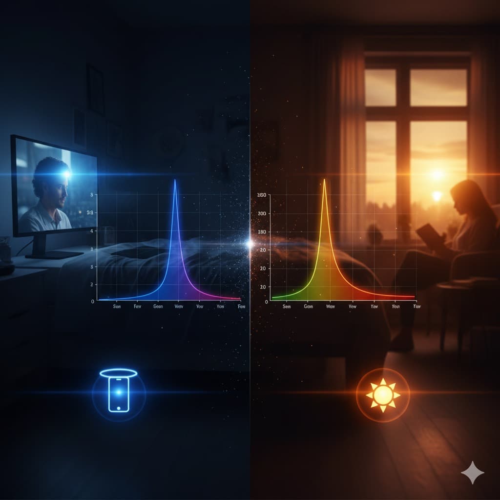 Comparatif lumière bleue nocturne vs lumière chaude du soir : impact sur la mélatonine et le sommeil, avec spectres lumineux et scène d’écran vs lecture