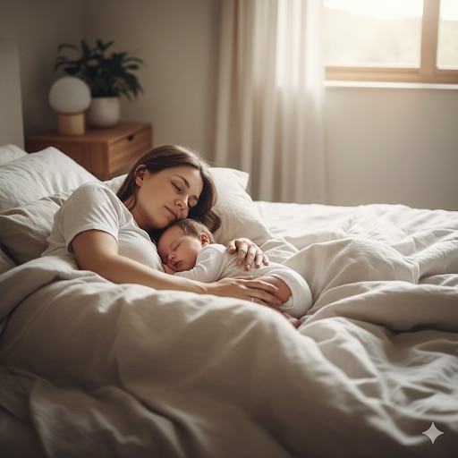 Parent et nourrisson dormant ensemble dans un lit, illustrant la pratique du co‑dodo et le sommeil partagé dans un environnement sécurisé.