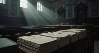 Salle institutionnelle vide avec dossiers législatifs, symbole du débat français sur la fin de vie et les soins palliatifs.