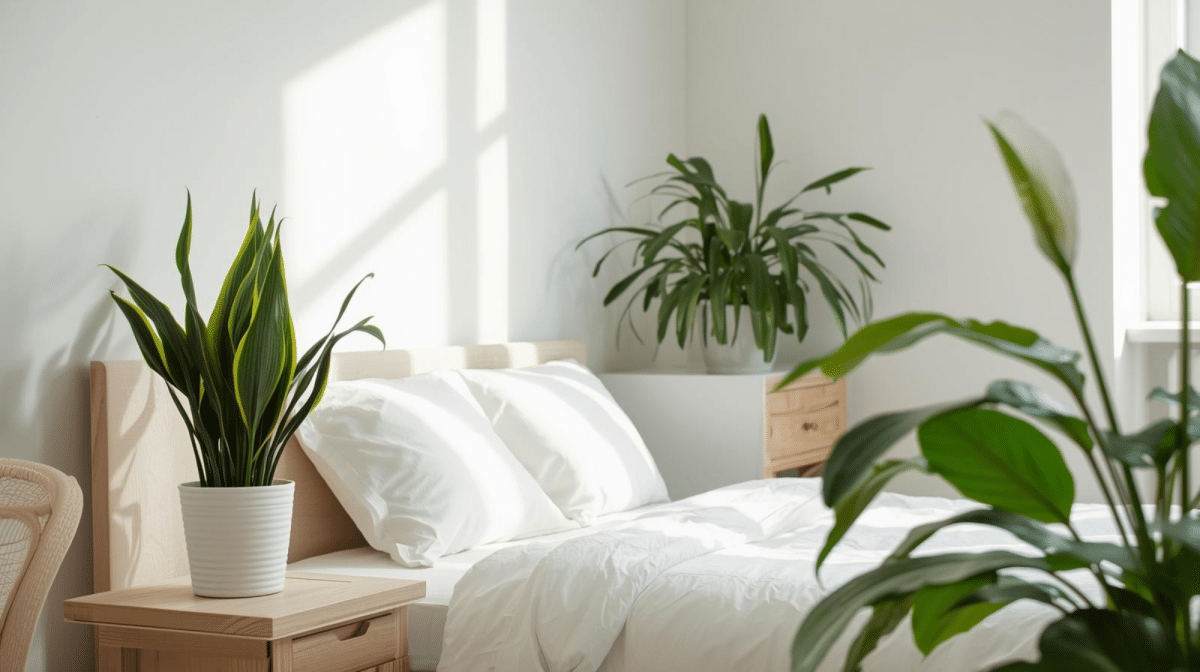 Chambre à coucher lumineuse avec lit minimaliste et plantes d’intérieur bien disposées, dont une sansevieria et des plantes en hauteur, pour une atmosphère apaisante.