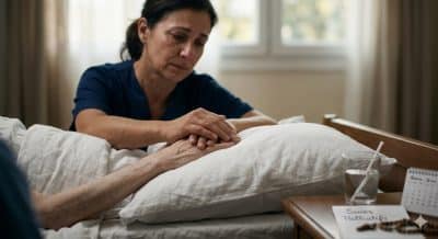 Professionnel de santé tenant la main d’une personne alitée dans une chambre de soins.