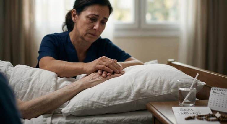Professionnel de santé tenant la main d’une personne alitée dans une chambre de soins.