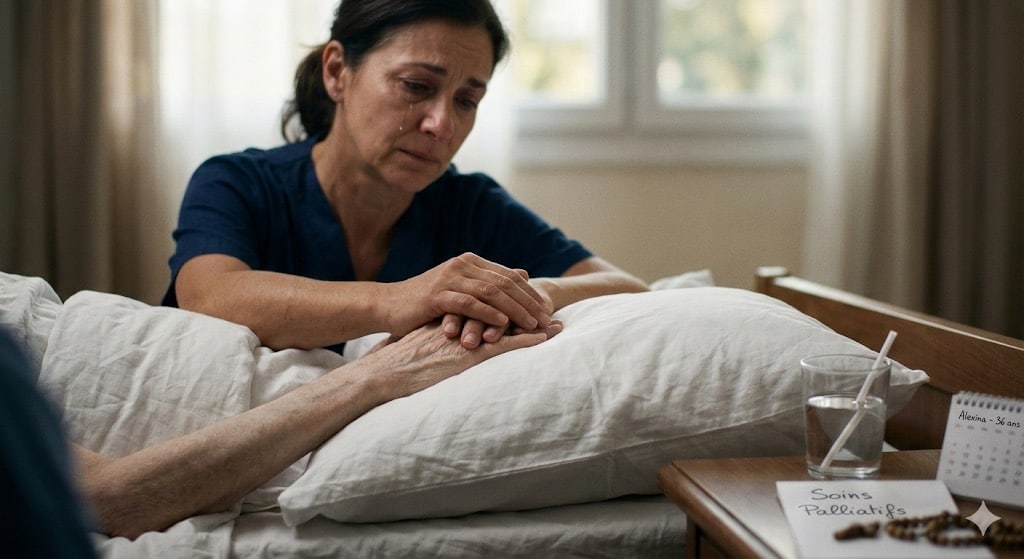 Professionnel de santé tenant la main d’une personne alitée dans une chambre de soins.