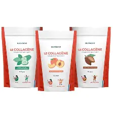 Trois sachets de collagène Nutri&Co, chacun représentant un parfum différent, alignés côte à côte sur fond blanc.